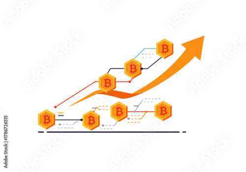 Bitcoin value increasing, represented by a rising arrow and connected hexagons with the Bitcoin symbol.