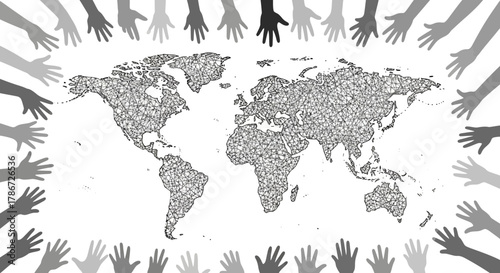 Diverse hands reaching towards a world map symbolizing global unity.