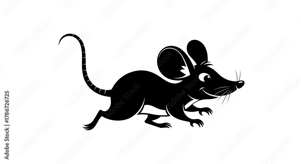 Obraz premium A playful black silhouette of a cartoon mouse running isolated on white background