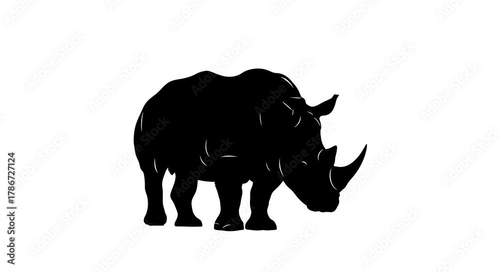 Obraz premium Silhouette of a rhinoceros head down grazing isolated on white background
