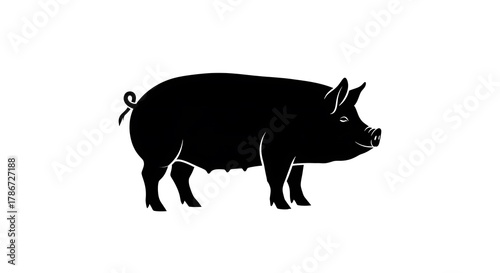 Silhouette of a black pig standing in profile isolated on white background