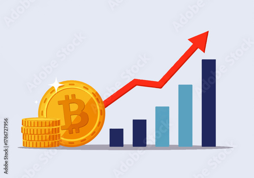 Bitcoin coins stacked beside a rising bar graph with a red arrow indicating upward trend and growth.