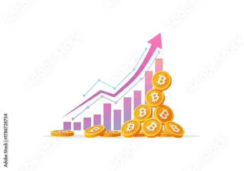 Illustration of rising Bitcoin value with a pink upward arrow, stacked coins, and a bar graph showing increasing growth.