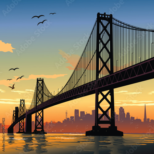 Sunrise in san francisco bay bridge illustration