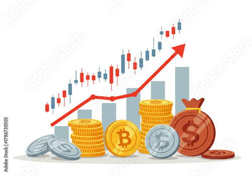 Illustration depicting rising financial growth with a red arrow, candlestick chart, stacks of gold coins, silver coins, and a money bag.