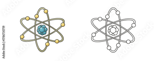 Stylized illustration of an atom model with orbiting electrons and a central nucleus, presented in color and as a clean black outline drawing