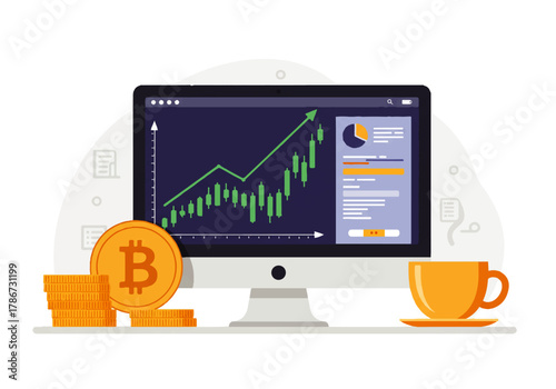 Computer screen showing a rising Bitcoin chart, with Bitcoin coins stacked beside it and a cup of coffee.