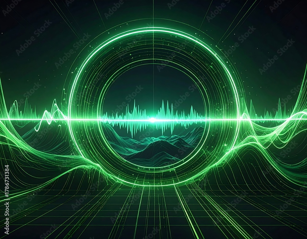 Fototapeta premium A glowing, digital visualization of sound waves and data in emerald