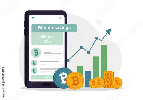 Illustration showing Bitcoin savings on a phone screen with rising graph and coins, indicating financial growth.