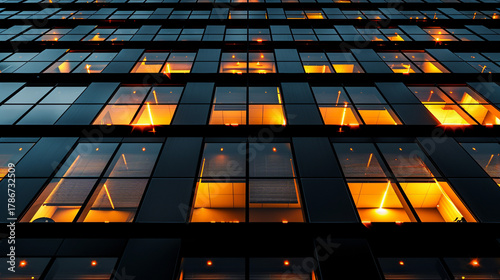 Glowing office windows at night, urban skyscraper facade