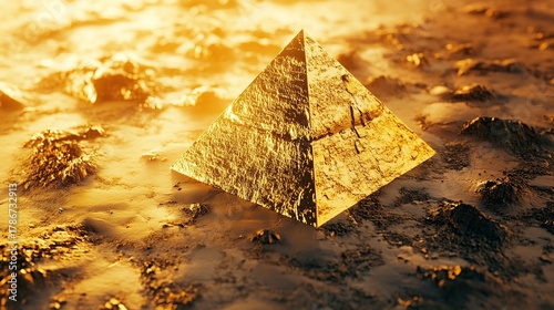 A golden pyramid rests on a textured, sandy surface, illuminated by a warm, radiant glow, evoking a sense of ancient mystery and timeless grandeur.
