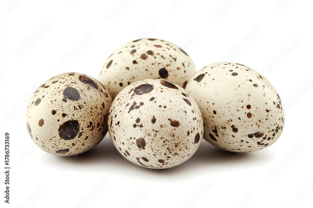 Obraz premium Group of Spotted Quail Eggs on White Surface with Delicate Brown Speckles Perfect for Springtime Food Concept and Gourmet Cuisine Healthy Option and Easter Symbol Isolated Shot for Freshness