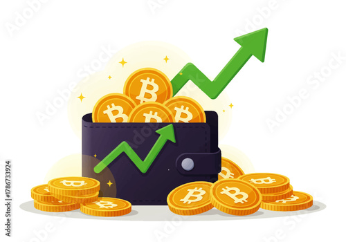 Illustration of a wallet overflowing with Bitcoin coins, accompanied by a rising green arrow, symbolizing financial growth and investment success.