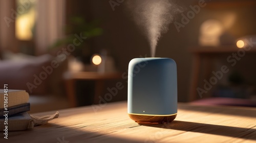 A blue and wood-toned aromatherapy device emits a vaporous mist. Soft, warm interior