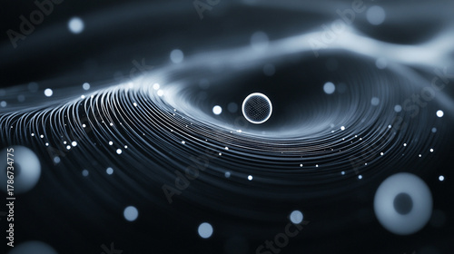 A 3D electron orbit model hovers above a surface, with glowing orbital paths and particle representation, illustrating atomic structure and quantum physics concepts.
