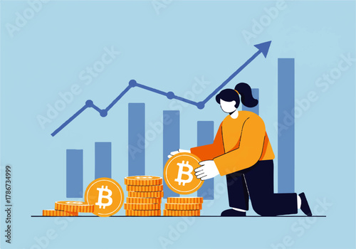 Woman stacking Bitcoin coins in front of a rising graph and bar chart, representing investment growth.
