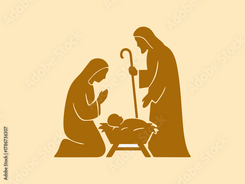 Mary, Joseph, Baby Jesus in the Manger (golden silhouette)