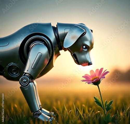 Robot Dog Discovering a Glowing Flower