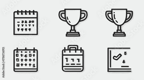 Line icons set: calendar for scheduling & event planning, trophy for success & achievement, strategy board for business planning & goals.