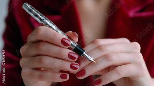 Elegant red nails writing, luxury pen detail, professional feminine power moment