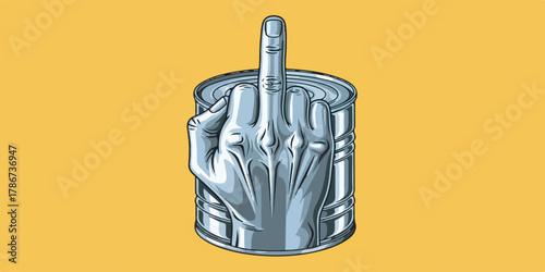 A bold stylized metallic hand shaped like a middle finger, illustrated with clean outlines and chrome texture