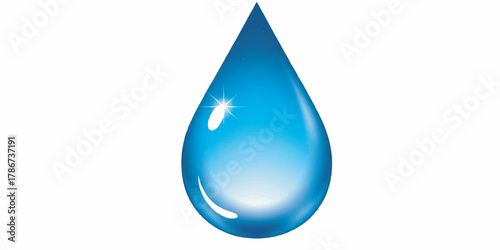 A realistic illustration of a single water drop featuring clean outlines, glossy reflections, and a soft blue gradient.