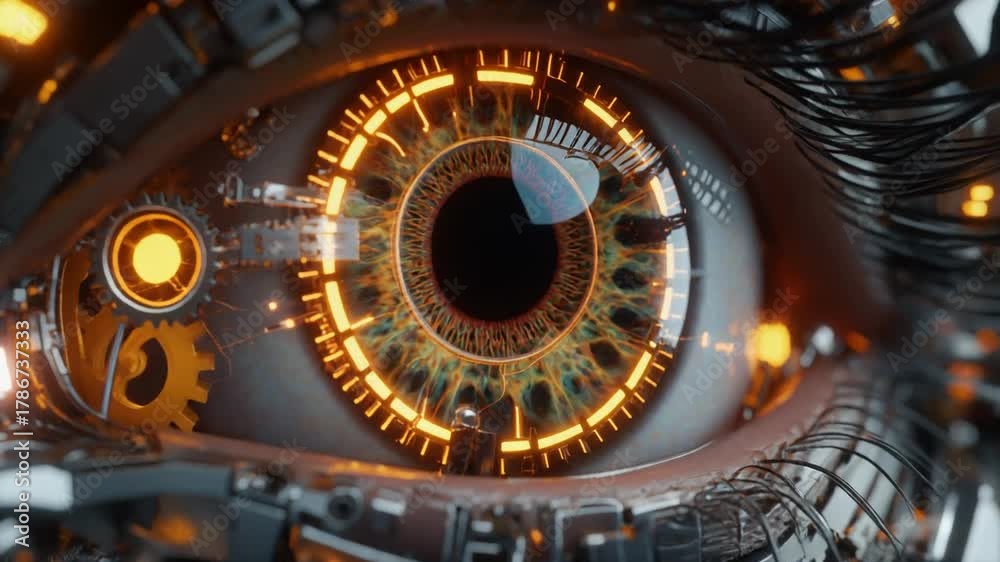 Close-Up Robotic Eye With Orange Tech Elements Displaying Futuristic Design Over Black Background