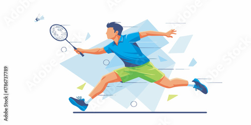A dynamic badminton player illustration captured mid-action with smooth lines and vibrant tones