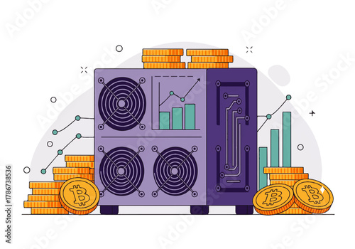 An illustration of a mining rig with stacks of Bitcoin coins, showing a graph with an upward trend, representing cryptocurrency mining.