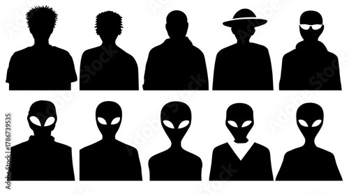 Diverse human and alien head silhouettes, profile icons, and abstract avatars for mystery, sci-fi, and identity concepts
