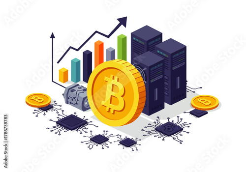 Illustration of Bitcoin cryptocurrency with rising graph, computer servers, microchips, and coins depicting digital finance and technology.