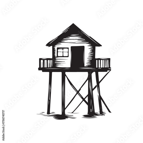 Vector sketch of a stilt house with simple line style and traditional architectural details.