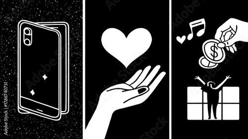 Modern Digital Lifestyle Concept: Generosity, Connection, and Rewards – Featuring Smartphone, Heart, Money, and Happiness