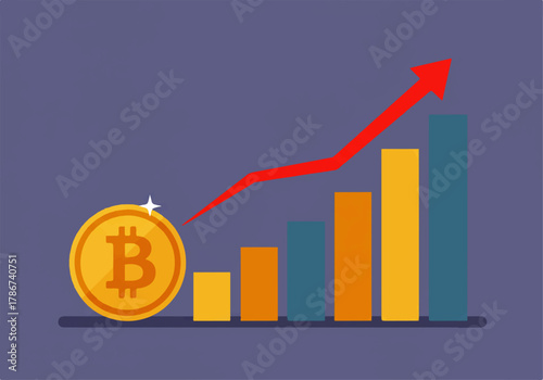 Bitcoin illustration showing an upward trend with a red arrow and rising bar graph, symbolizing growth and investment.
