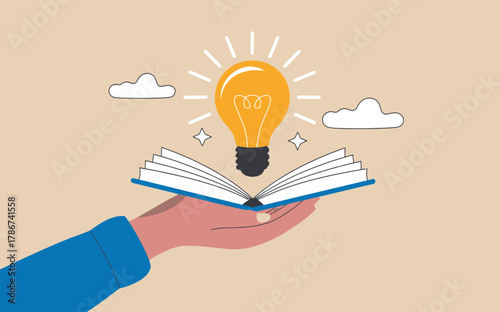 Hand holding open book with glowing lightbulb symbolizing innovation knowledge and new ideas educational concepts and inspiration