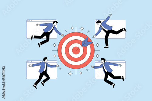 Four business people in suits race towards a central bullseye target in a stylized graphic representation of competition and goal achievement.