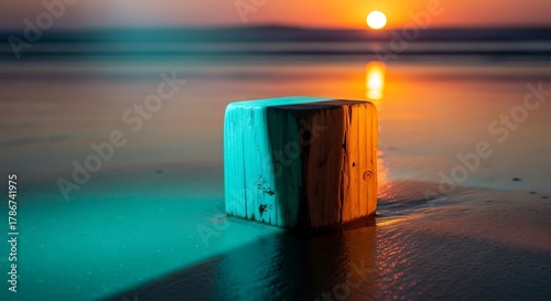 Sunrise meets geometry, wooden cube resting on calm ocean surface