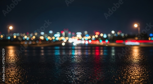 Urban reflections at dusk, shimmering cityscape lights on wet pavement
