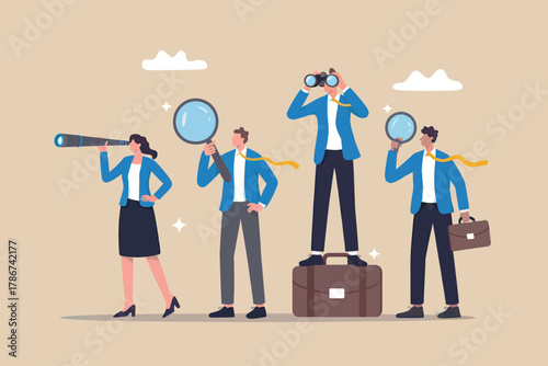 Business team strategizing and vision seeking with telescopes and megaphones for future growth and opportunity discovery