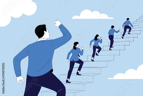 Team climbing stairs towards success achieving goals together with determination and motivation leadership inspiring growth