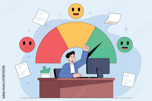 Customer satisfaction meter gauge concept person working at desk showing feedback levels affecting business success