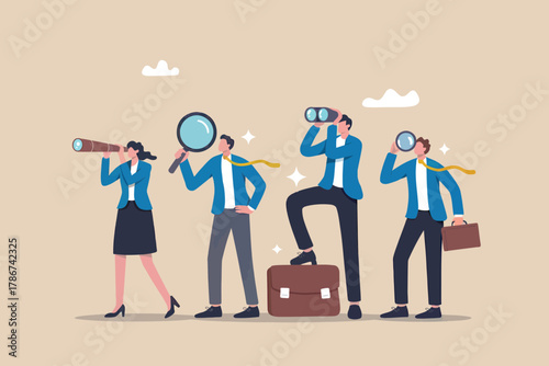 Team of professionals using magnifying glass binoculars and telescope for business vision and strategic planning discovery