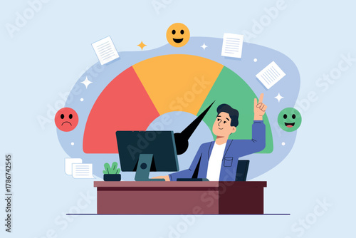 Man analyzing credit score dashboard with emotional feedback icons and financial data flying around computer screen