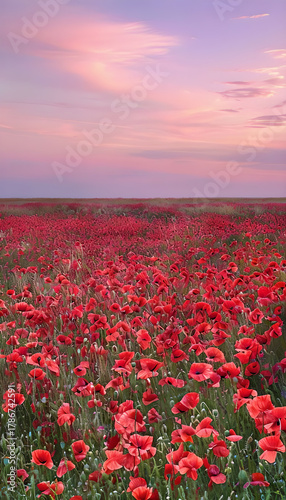 Vibrant Crimson Poppies in Tranquil Setting Underneath a Beautiful Sunset Sky - Breathtaking Floral Landscape Photography Art Print