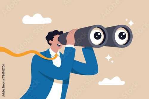 Business professional looking through binoculars for future opportunities and strategic vision with determined focus