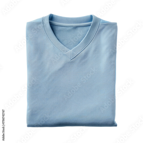 Folded, light blue V-neck T-shirt on black background
