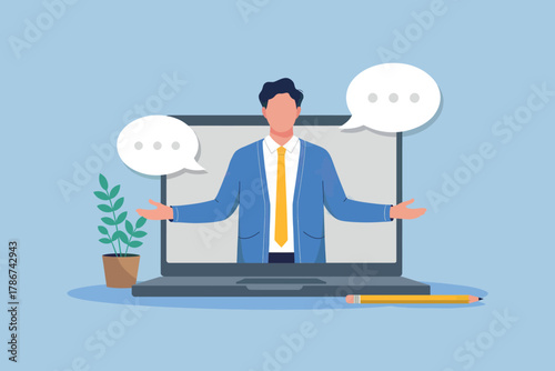 Man in suit presenting online via laptop with speech bubbles for digital communication and virtual meetings