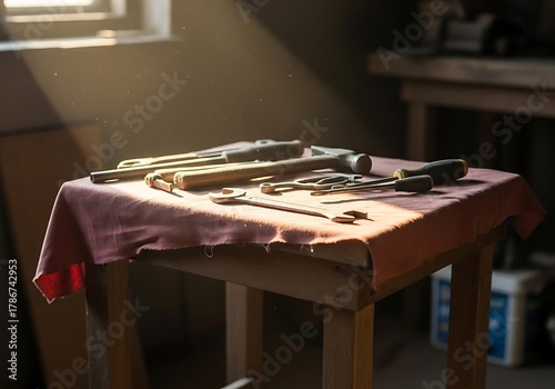 Workshop scene with tools and sunlight casting shadow on table surface