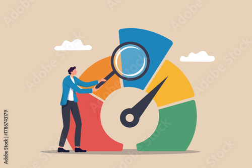 Person analyzing performance gauge with magnifying glass boosting business growth and productivity insights