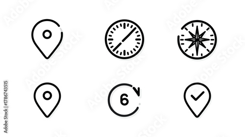 Set of minimalist line icons for navigation, location, time, and direction. GPS pin, compass, and clock symbols for web and app design.